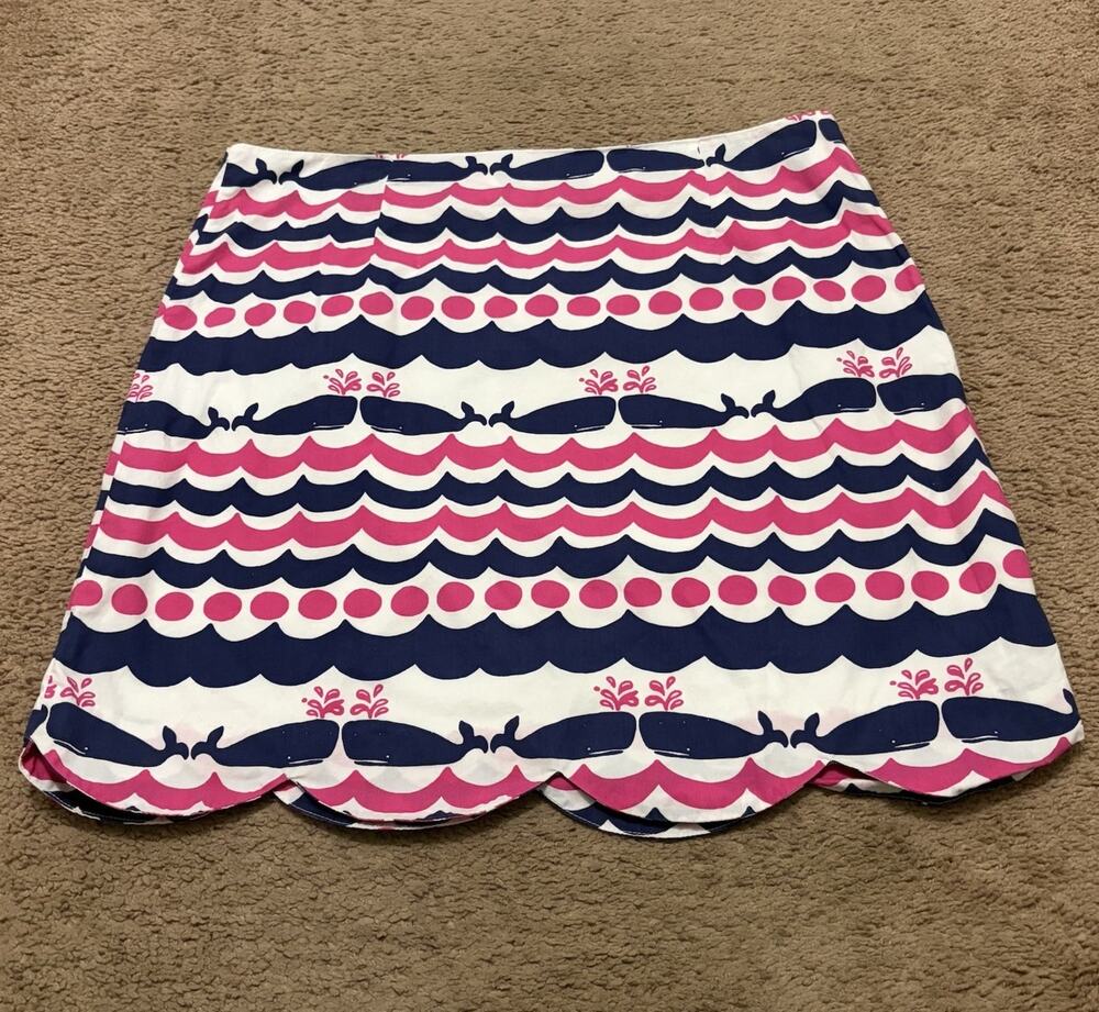 LILLY PULITZER Lynnie Skirt Sz 10 Whales Tails Scalloped Hem 100% Cotton Women’s